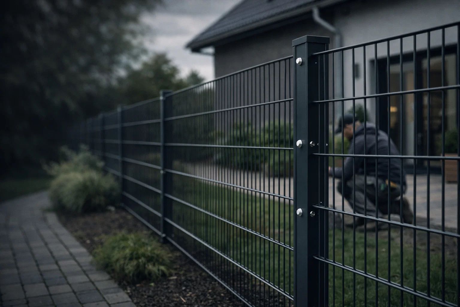 Doppelstabmattenzaun in Anthrazit mit Vierkantpfosten vor einem Einfamilienhaus