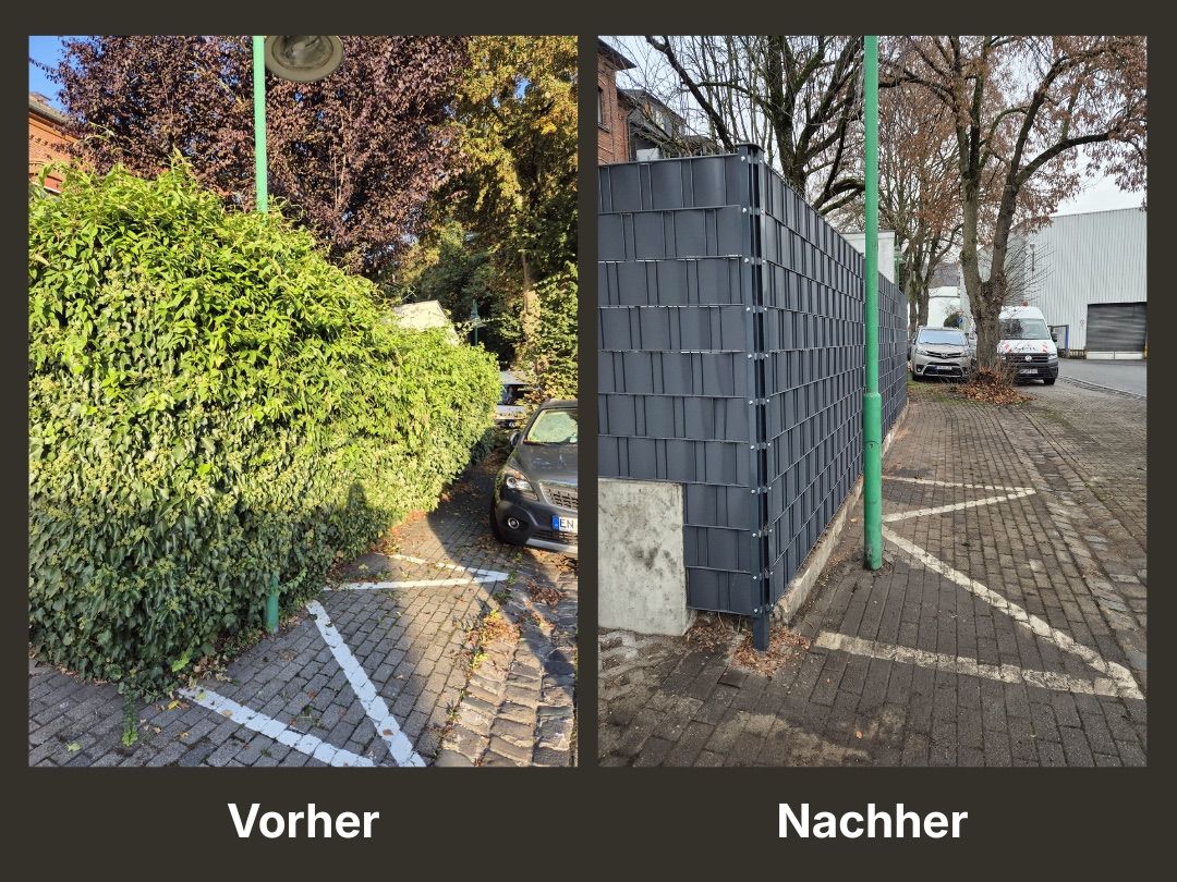 Vorher-Nachher-Vergleich: überwachsene Hecke wurde durch einen neuen Sichtschutzzaun ersetzt